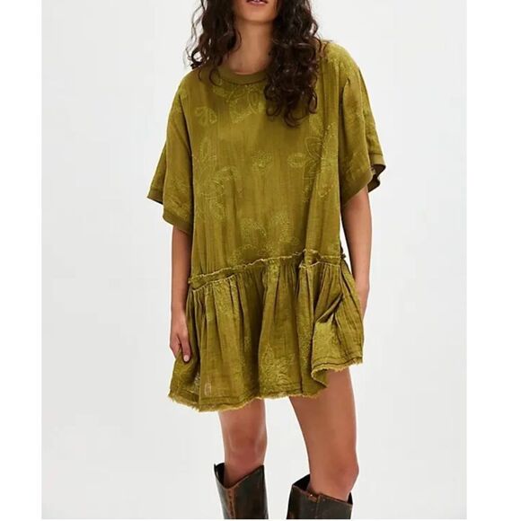 Free People Picking Petals Embroidered Mini Tunic Dress in Cardamom Seed - Picture 1 of 10